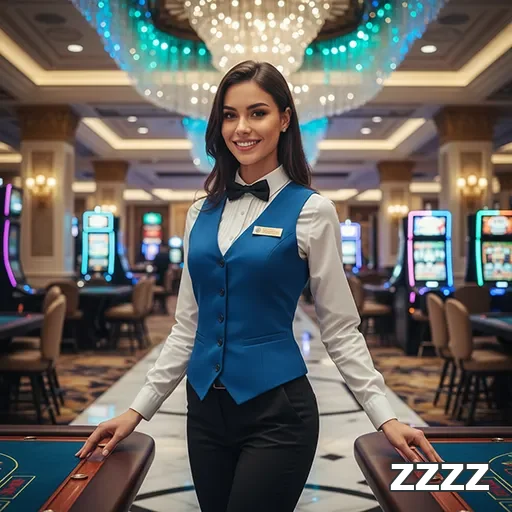 Funcionária no cassino zzzz interagindo com jogadores.