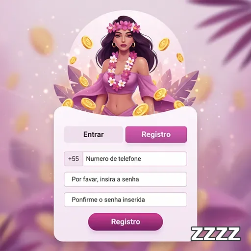 Tela de registro na plataforma zzzz, com mulher atraente e moedas.